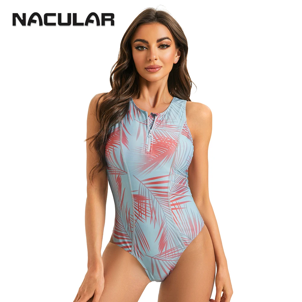 NACULAR Swimwear Summer One Piece Swimsuit Women Print Monokini Sleeveless Bathing Suit Bodysuit Pool 2024 New Beach Wear Zipper