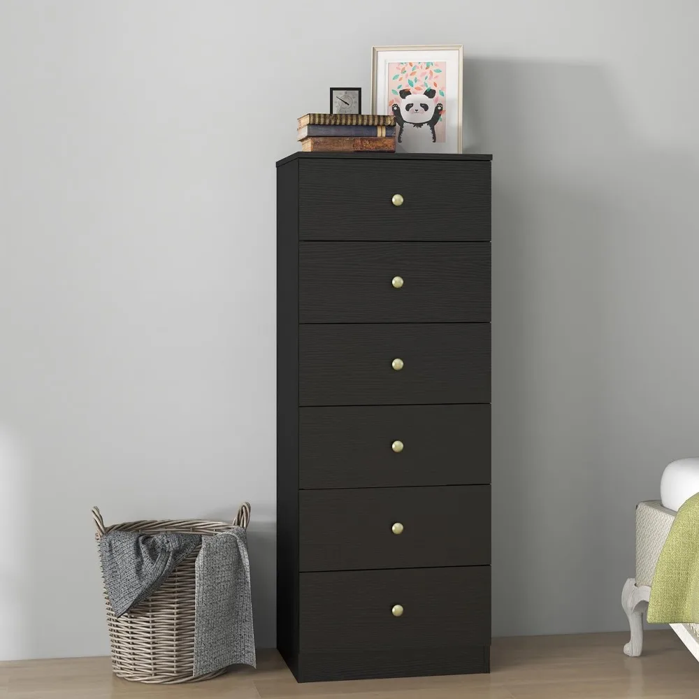 Commode verticale moderne à 6 tiroirs, commode haute en bois, organisateur de rangement en flèche avec tiroirs larges et poignées en métal doré pour