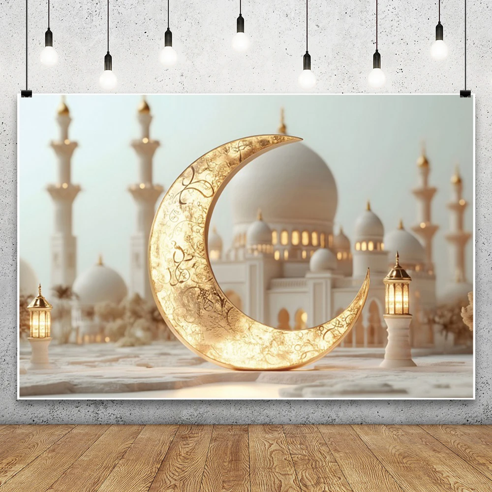 Eid Mubarak Golden Moon Mosque Photography Background Candles Light Lantern Muslim Ramadan Festival Room Decor Photo Backdrops