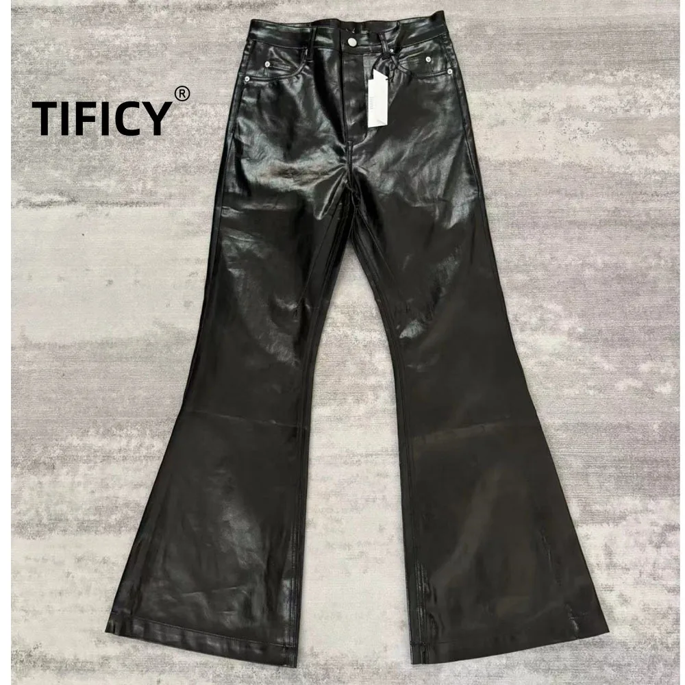 

High Street Men's Dark Ro Style Coated Glossy Patent Leather Pure Black Jeans Wide Legs and Floor Dragging Micro Flared Pants