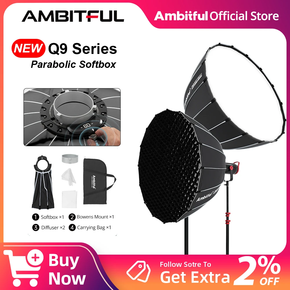 AMBITFUL Q9 60cm 90cm 120cm Bowens Mount Parabolic Softbox Deep Quick Set-up Softbox With Grid for Godox