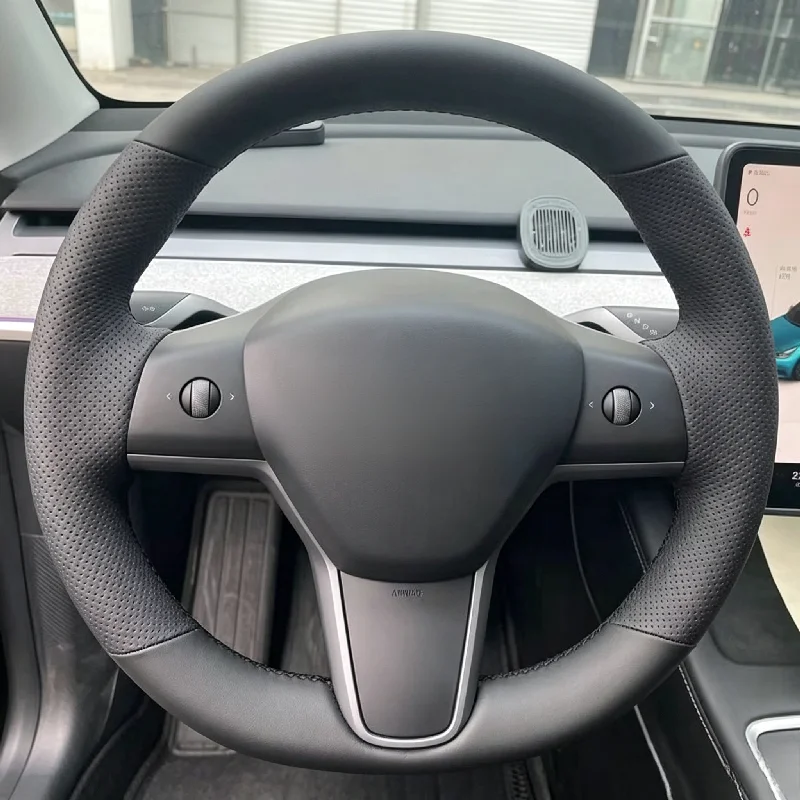 For Tesla Model 3 / Model Y Custom Fit Full‑Wrap Hand‑Sewn Non‑slip Car Steering Wheel Cover Steering Wheel Protector
