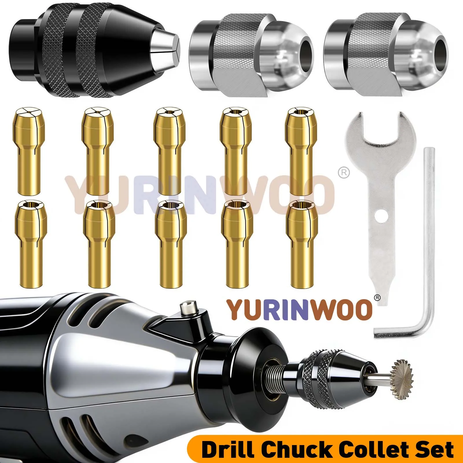 15PCS Dremel Rotary Tool Chuck Collet Set,0.8-3.2mm Shank 4486 Quick Change Keyless Chuck 4485 Brass Collet Nut