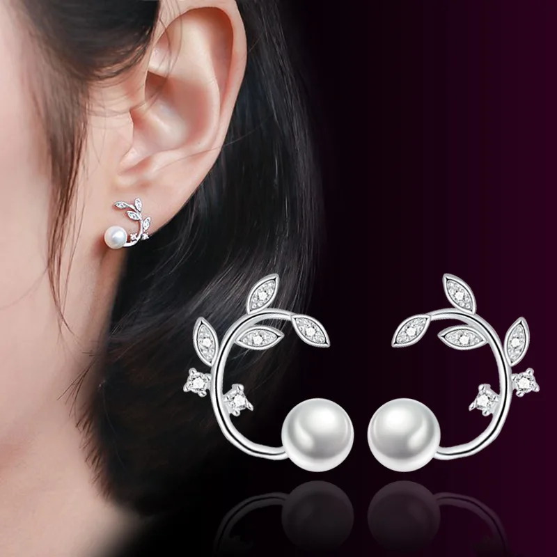 925 Sterling Silver Crystal Pearl Jewelry Fashion Leaf Stud Earrings For Woman New XY0218