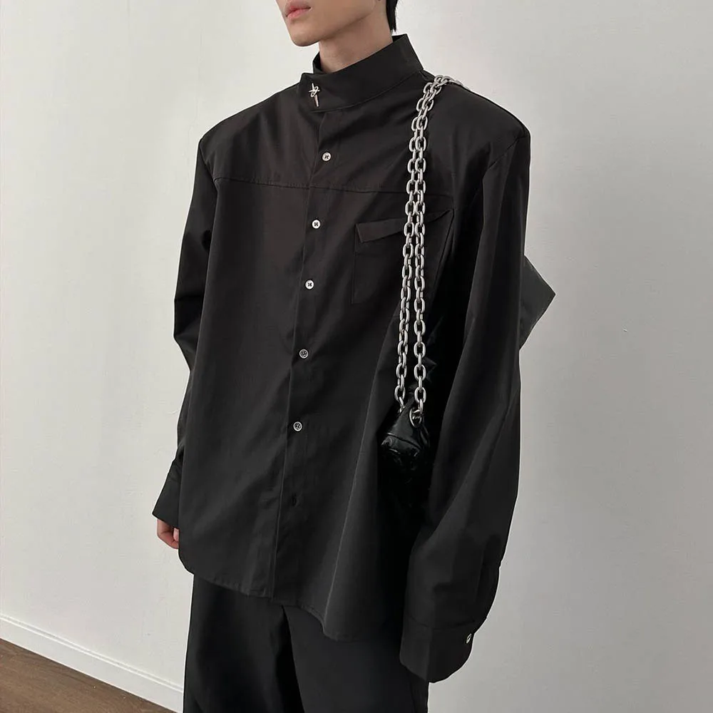 

Мужская рубашка с металлическими пуговицами, воротники, подплечники, повседневные рубашки, уличная одежда, модные молодежные силуэты, топы с длинными рукавами, мужская одежда