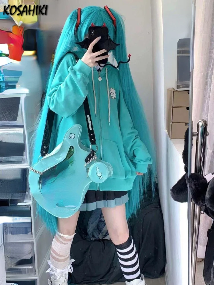 2024 Cartoon Embroider Hoodies Women Y2k Aesthetic Vintage Grunge Tops Loose Casual Zip Up Sweatshirt Harajuku Streetwear