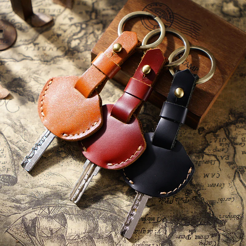 AIGUONIU Genuine Leather Simple Keychain Cowhide Car Key Holder Men Keyrings Retro Key Case Creative Business Gift Wholesale