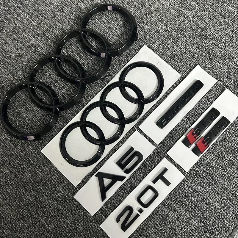 

2PCS 4Ring logo ABS Black Car Hood Front Grill Rear Trunk Emblem Sticker 1P A5 1P Quarrto 1P 2.0T 2P Sline For AUDI A5 2010-2019