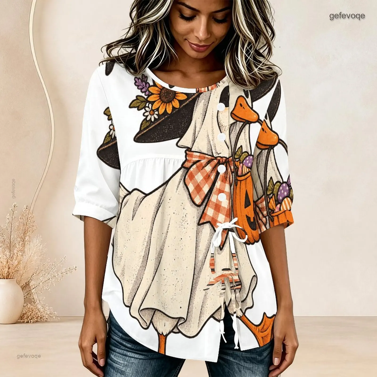 Round Neck Half Sleeve Gathered Front Button Detail Tie Hem Printed Blouse for Women