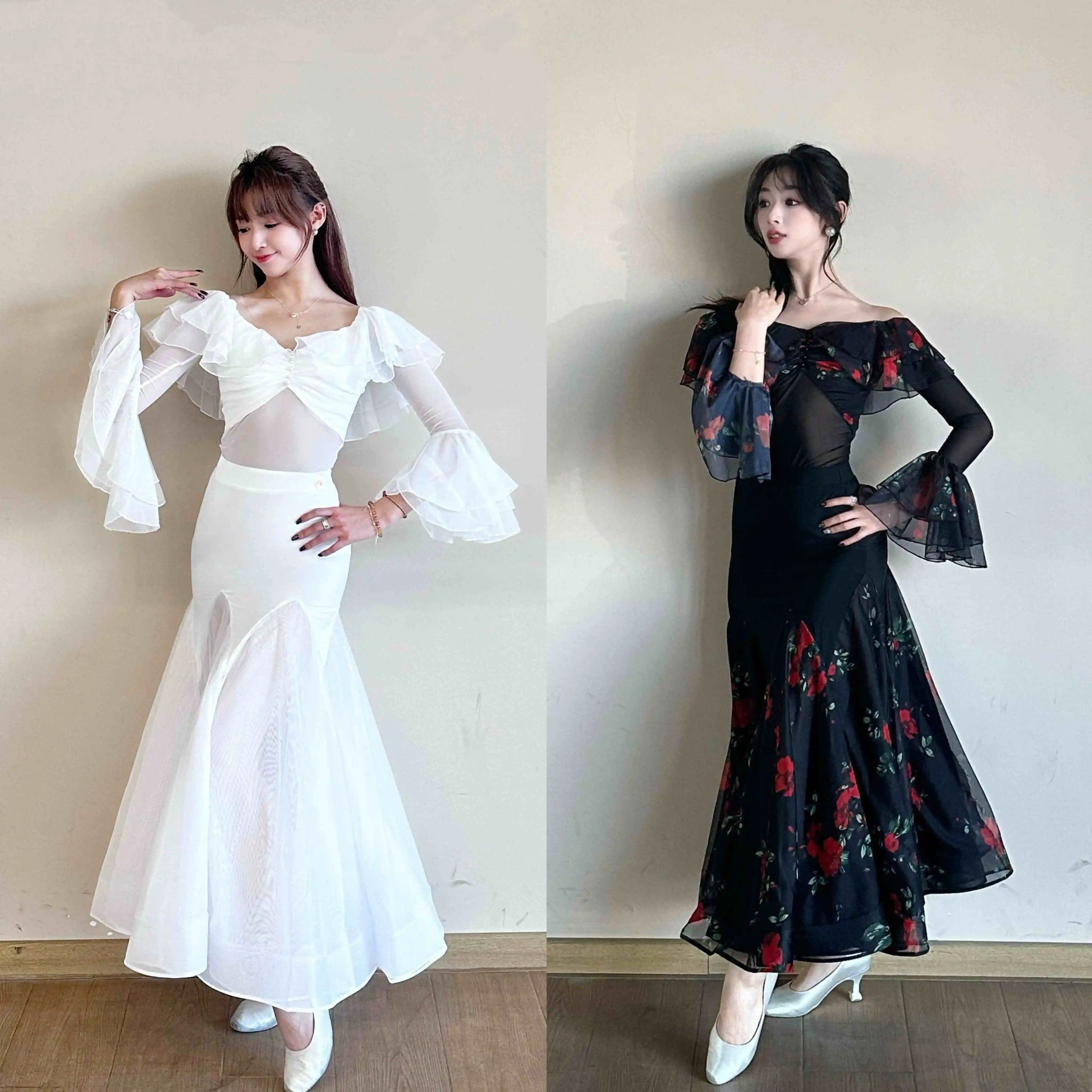 

Женские платья для соревнований по бальным танцам, топы с рюшами и длинными рукавами, юбка, белый, черный костюм для танцев вальса, одежда для выступлений SS1718