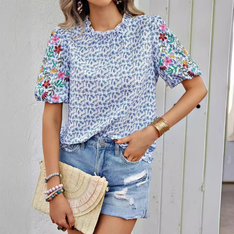 

Women's Floral Printed T-shirts Summer Fashion Casual Wave Color Blocked Top Elegant Female Tops Tees