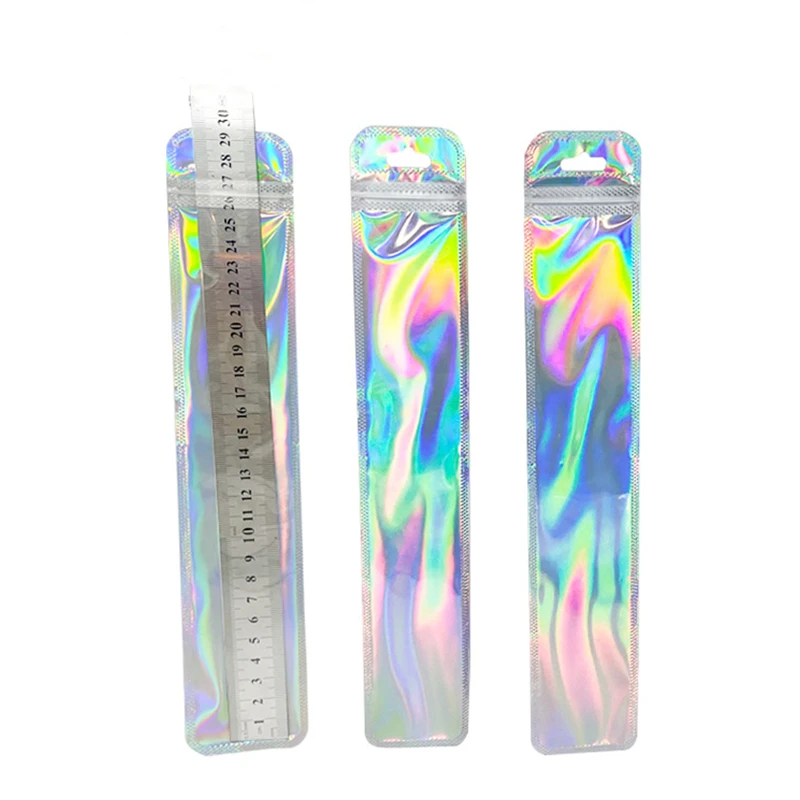 120 szt. 5.5*30cm małe plastikowe torby na prezenty do pędzel kosmetyczny długiego holograficznego pakowania zamek błyskawiczny woreczek hermetyczny do pakowania linijki długopisu