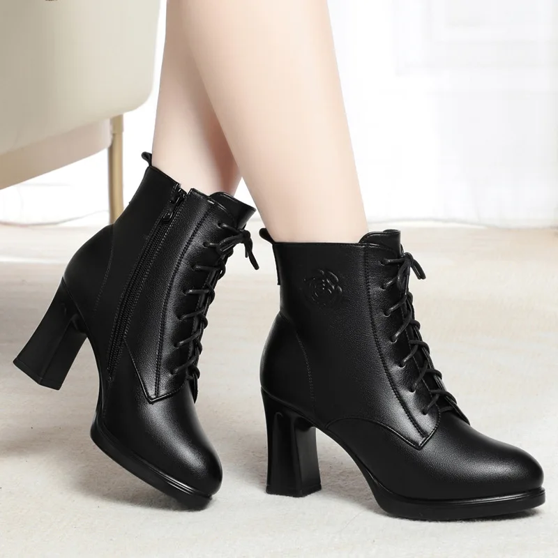 Women Mon Cotton Shoes Retro Lace Up Chunky High HeelsAnkle Boots Korean Version Black Warm Platform Short Boots Botas De Mujer