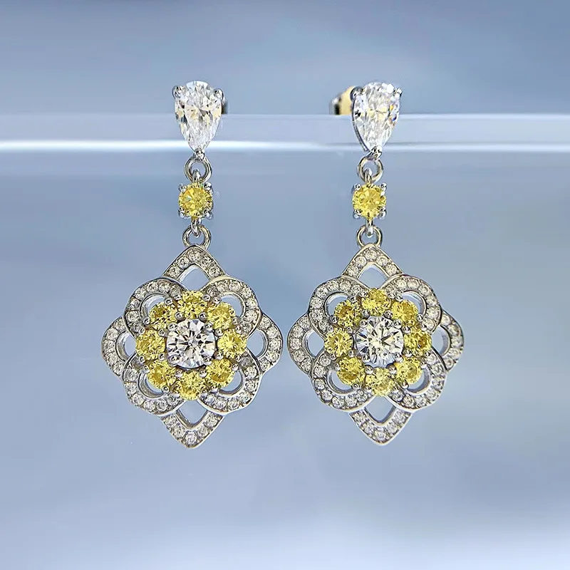 2023 New S925 Sterling Silver Micro Inlaid Yellow Diamond Luxury Full Diamond Classic Small Fragrant Earrings