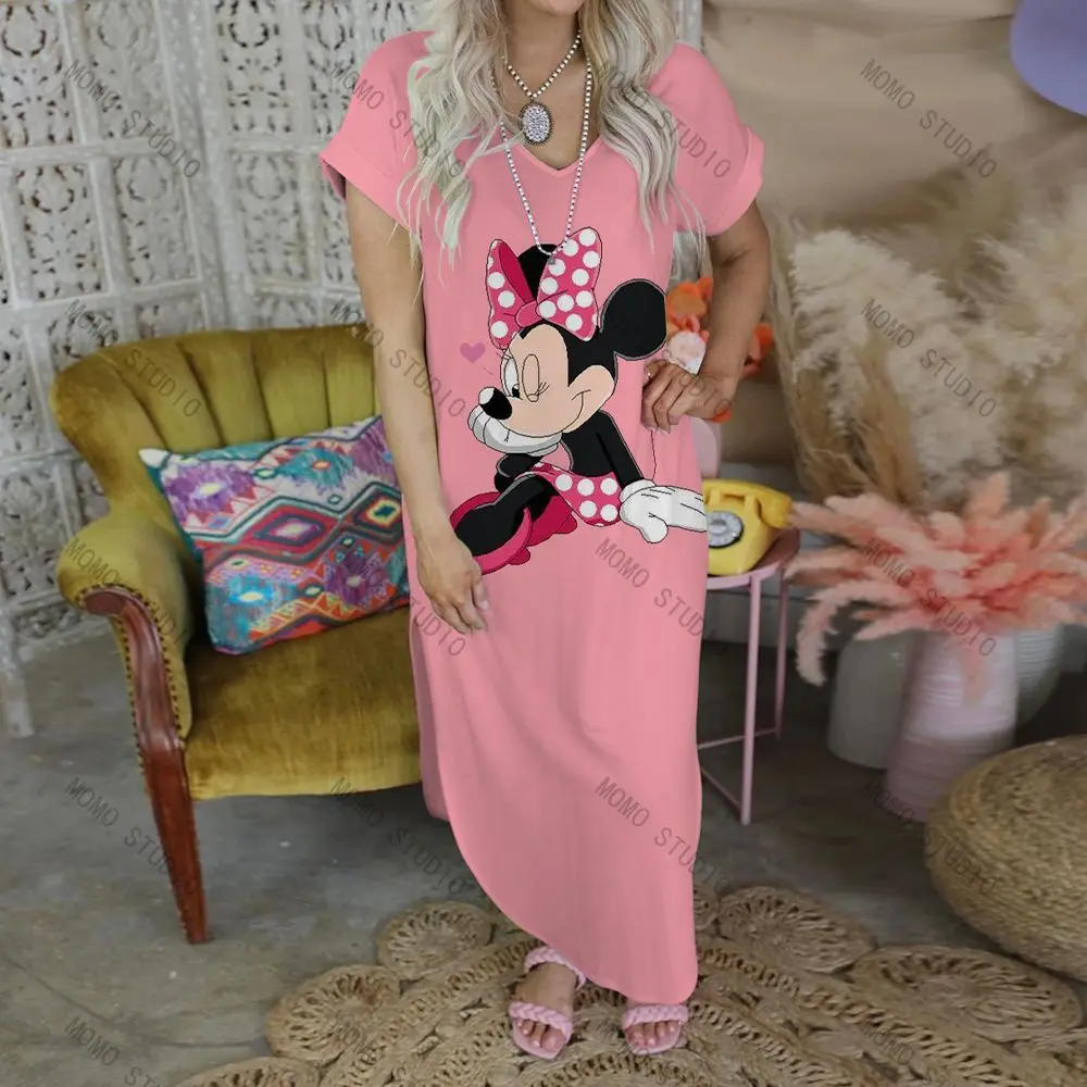 Casual Summer Women\'s Dresses V-Neck Long Dress Cartoon 2022 Disney Sexy Minnie Mouse Mickey Woman Clothes Leisure Maxi Robe Y2k