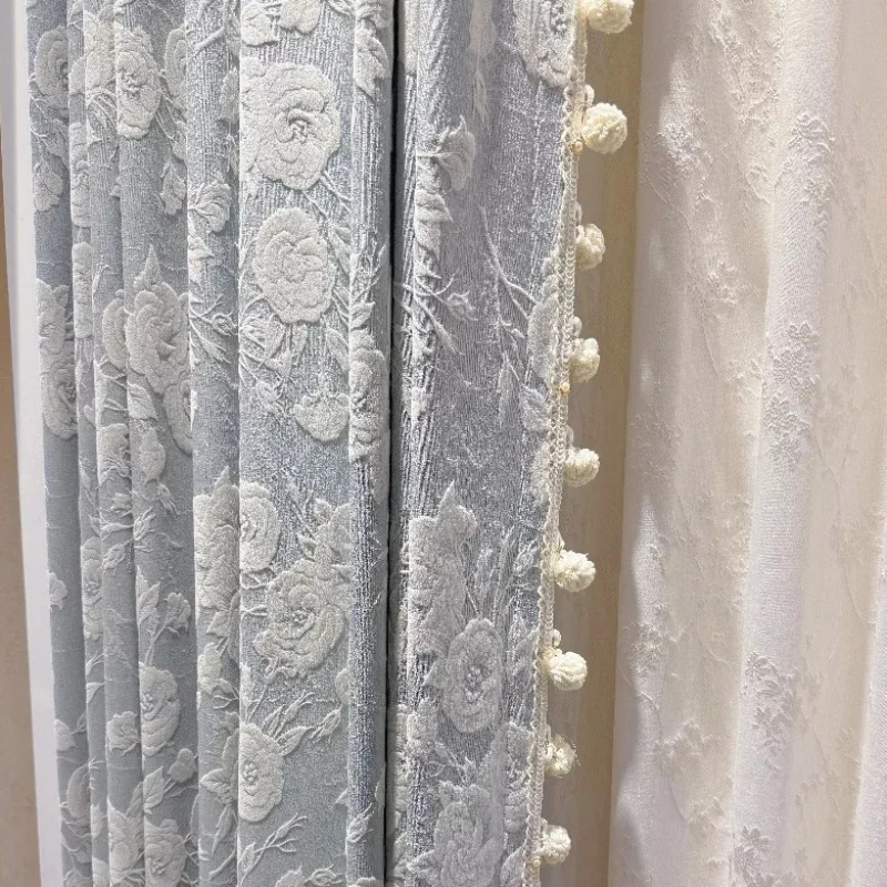 Blue Jacquard Thickened Blackout Chenille Curtains for Bedroom Living Room French Window Balcony Customized Finished Products
