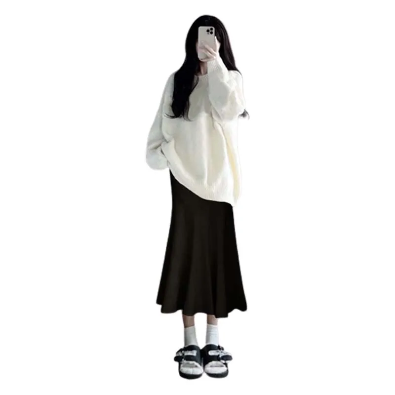 

Autumn Loose Fit round Ne Sweater And Skirt Two Piece Set for Women plus Size Slimming Anti-Aging Faion Ensemble