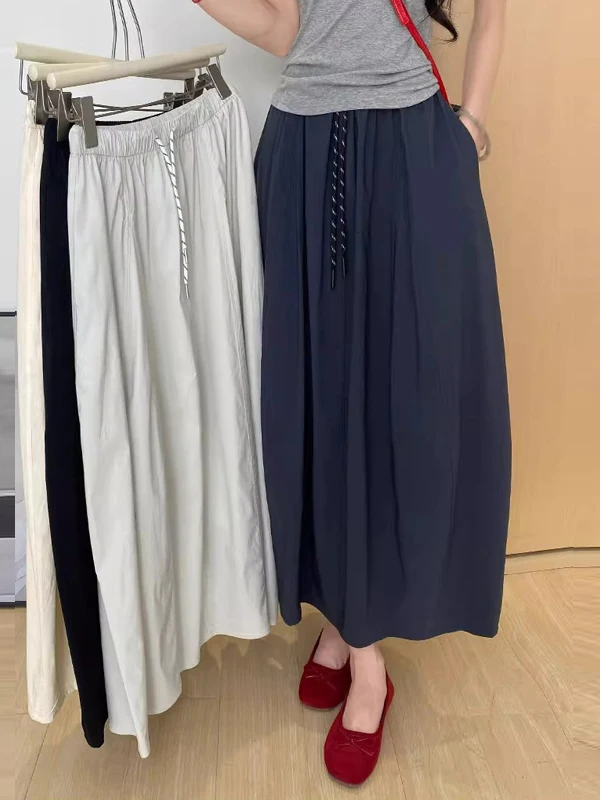 

Retro Artistic plus Size High Waist Belted Pocket Quick Dry A-Line Pumpkin Skirt Balloon Skirt Women's Workwear Skirt