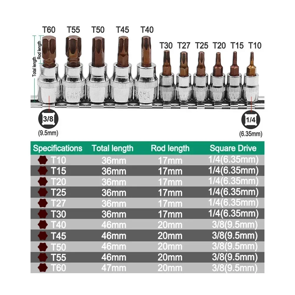 Imagem -04 - Polegada Hex Drive Torx Soquete Bit Conjunto Chave de Fenda Bits Ferramentas Manuais T15 T20 T25 T27 T30 T40 T45 T50 T55 T60 11 Peças