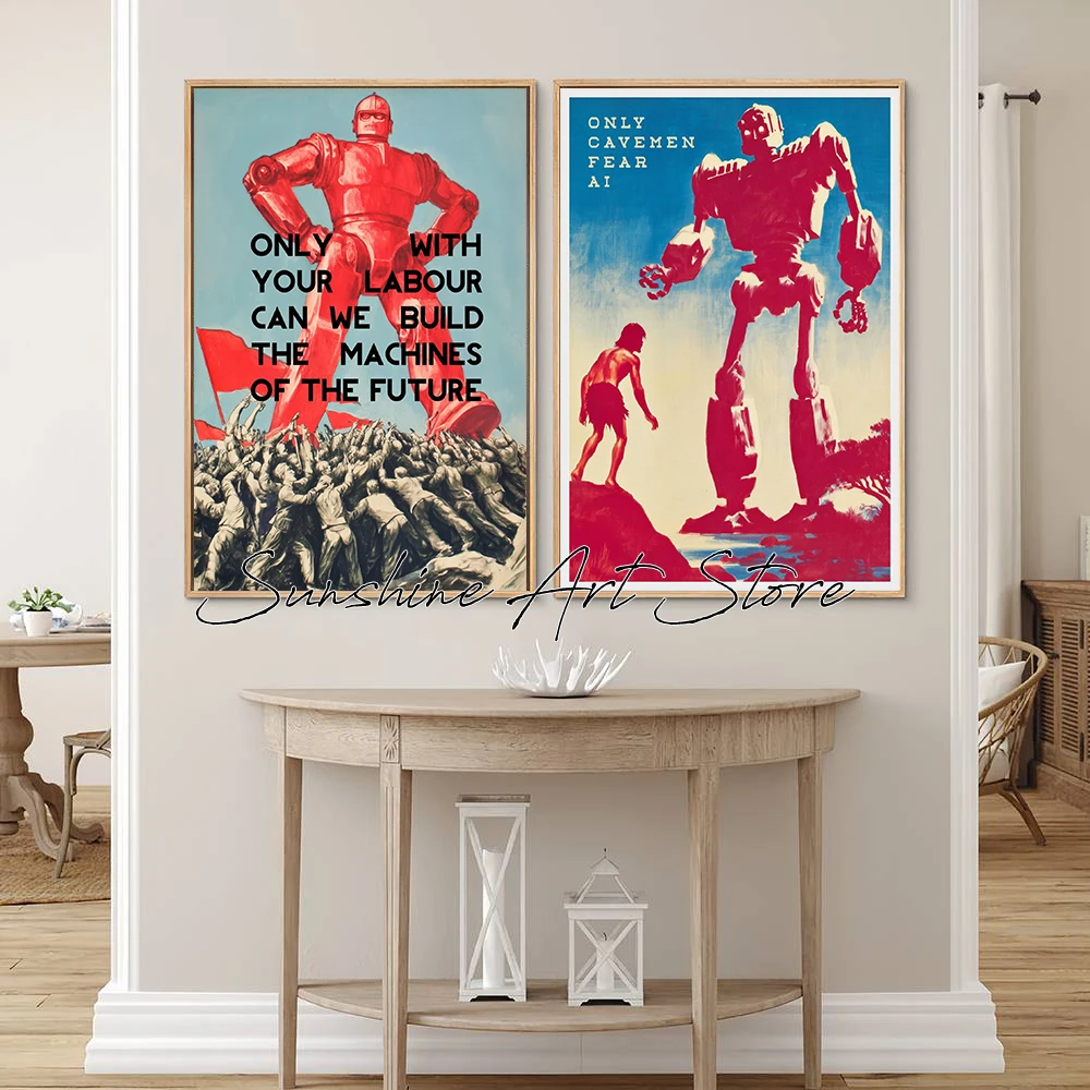 Capital Satire Comic Worker Machine AI Retro Style Poster Machine Future Fun Online Ironic Phrase Poster Canvas Painting Decor