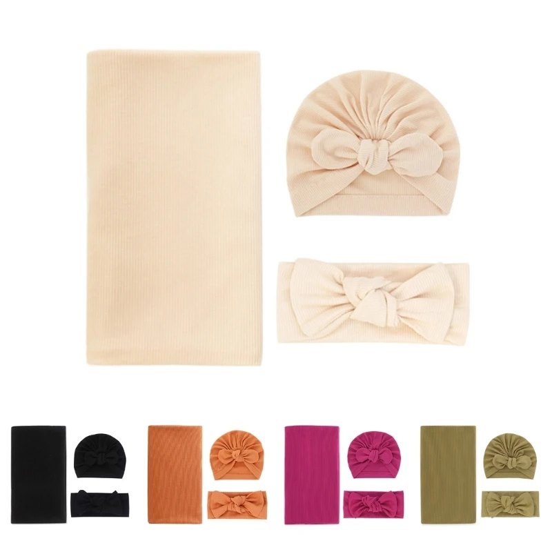 

Pack of 3pcs Baby Swaddles Wrap Towel Newborns Hospital Receiving Blanket with Matching Hat & Bowknot Hairband Set