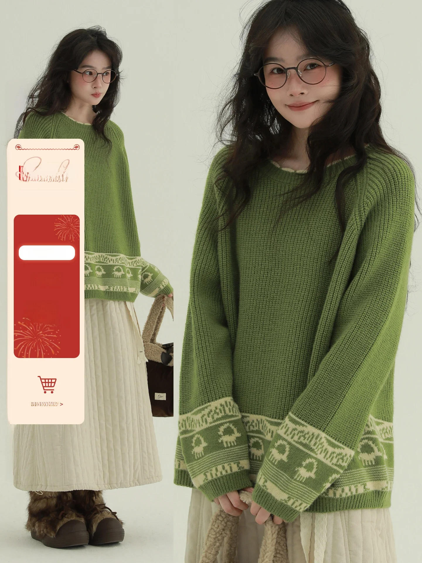 

Retro Rare "Easter Egg" Lace Collar Knitted Sweater Inner Wear Floral Pattern Girl's Thi Long Sve round Ne Top