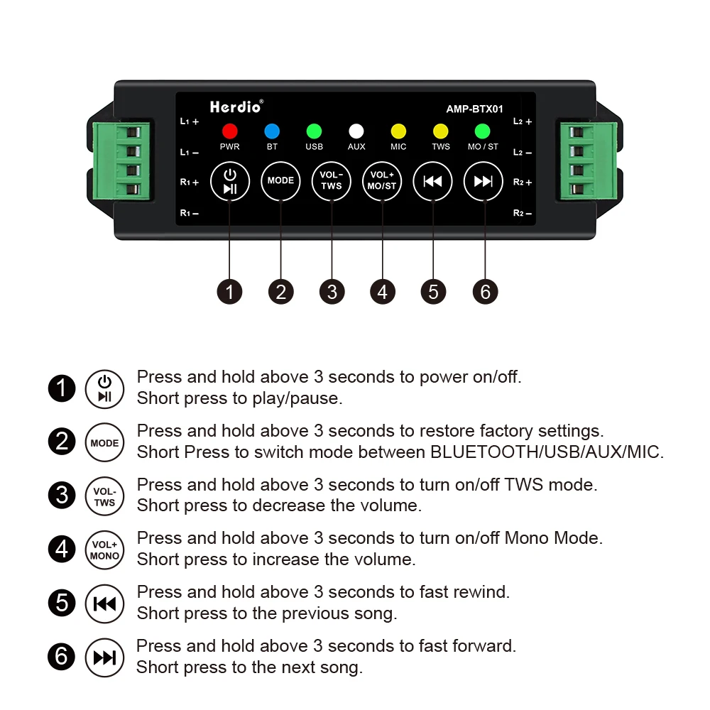 Amplificadores de Potência Herdio-Home, Áudio Bluetooth e Aux, Mini Amplificador para Banheiro, Parede, Teto, Alto-falantes, UE, EUA, Reino Unido,