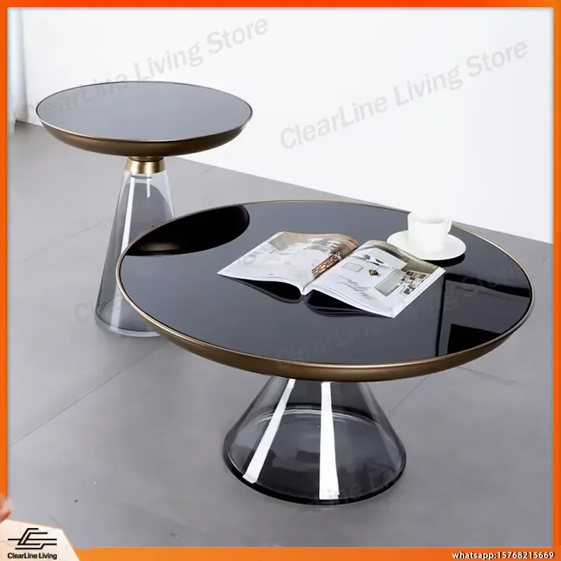 

Modern Round Glass Coffee Table with Metal Frame Light Luxury Living Room Small Apartment Tea Table Gray Minimalist Home