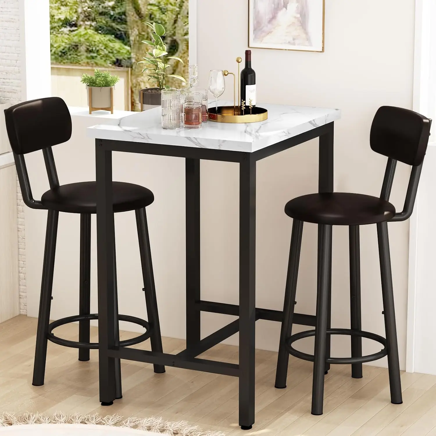 3 Piece Bar Table Set of 2,Mordern Bistro Table with 2 Counter Height Barstools, Faux Marble Pub Table Set for Small Space,Small