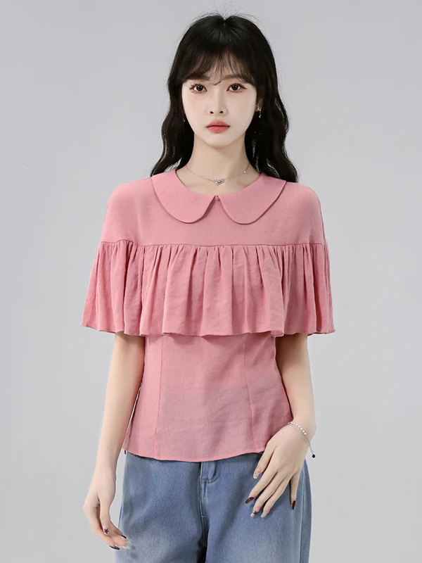 

Slim Fit Short Sleeve Shirt Women's Summer New Style Waist Cinching Slimming Gentle Style Doll Collar Short Length Top