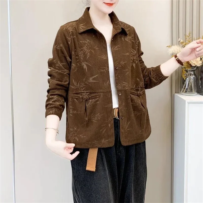 Heavyweight Corduroy Popular Outerwear for Middle-aged Elderly Female Mothers 2023 Spring and Autumn Bamboo Leaf Cardigan Jacket