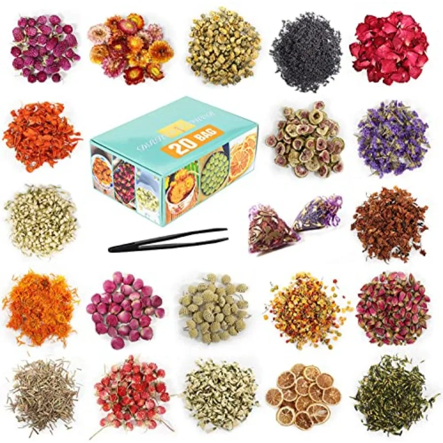 20 Bags Dried Flowers, 100% Natural Dried Flowers Herbs Kit for Soap Making, DIY Candle Making, Bath - Include Rose Petals, Lav