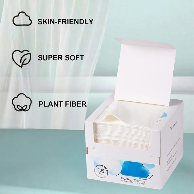 Asciugamani monouso per il viso, 100% cotone, biodegradabili, 55 pezzi/scatola, uso asciutto e bagnato, spessi, puliti, adatti per pelli sensibili
