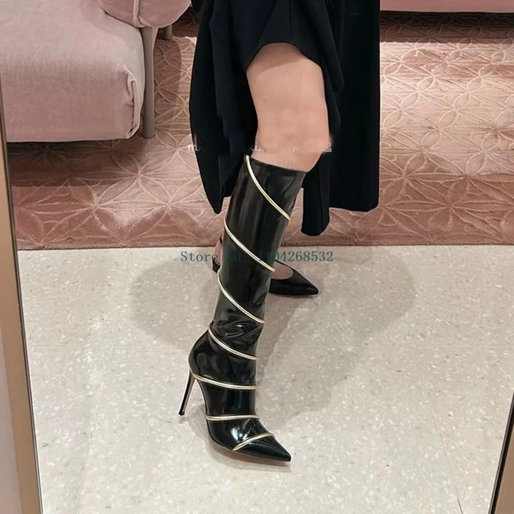 

Metal Decoration Patent Leather Boots Zippet Sexy Pointed Toe Stiletto Knee High Fashion Lady Womern Boots Winter/spring/Autumn