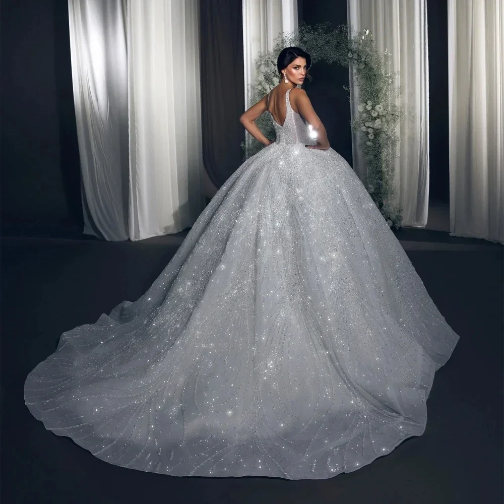Flavinke Abiti da sposa personalizzati con abito da ballo Squisito colletto quadrato con paillettes e perline Abiti da sposa senza maniche