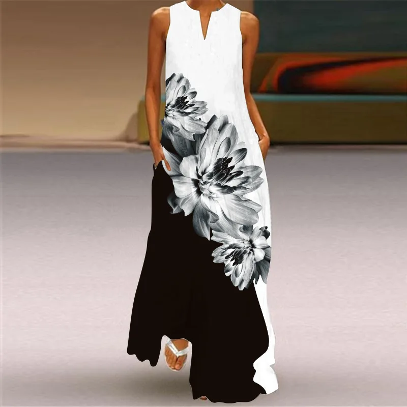 Summer Women's Fashion Sexy Butterfly Print V-Neck Long Dress Women's Retro Sleeveless Loose Pocket  Y2k Vestidos Para Mujer