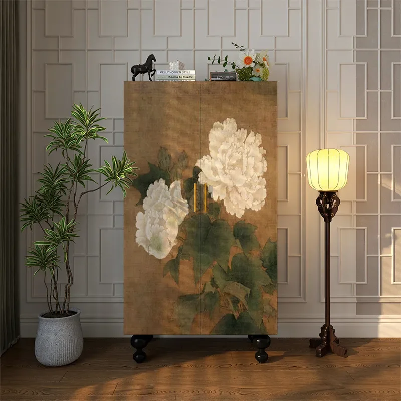 New Chinese Style Solid Wood Wardrobe with Peony Motif Large Multi-functional Hanging Storage Cabinet for Bedroom Living Room