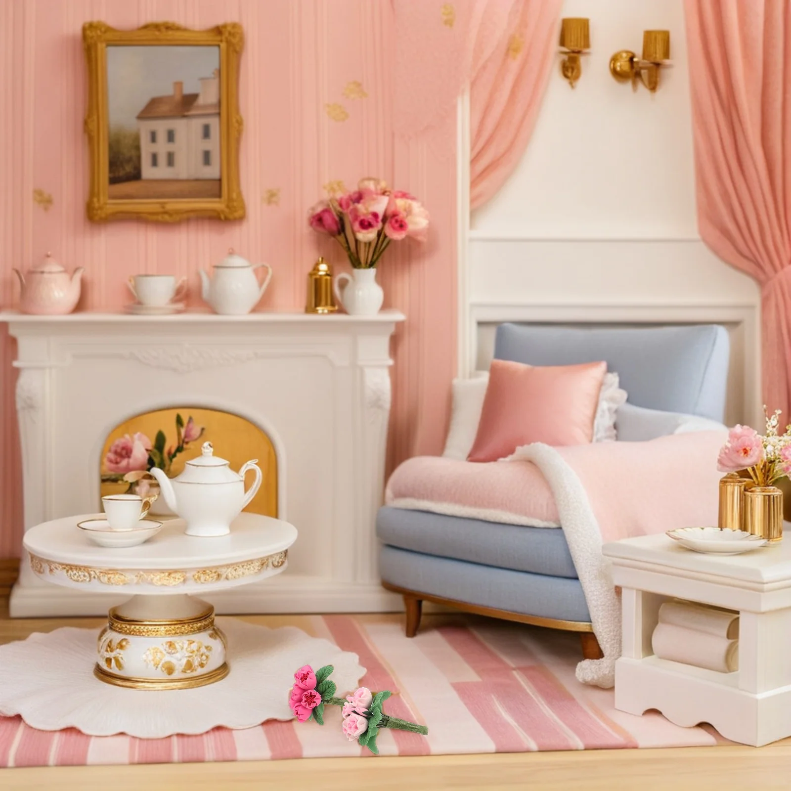 

2 шт. миниатюрный набор мебели для кукольного домика, мини-искусственный букет цветов, цветочная композиция, крошечные искусственные цветы, украшение дома