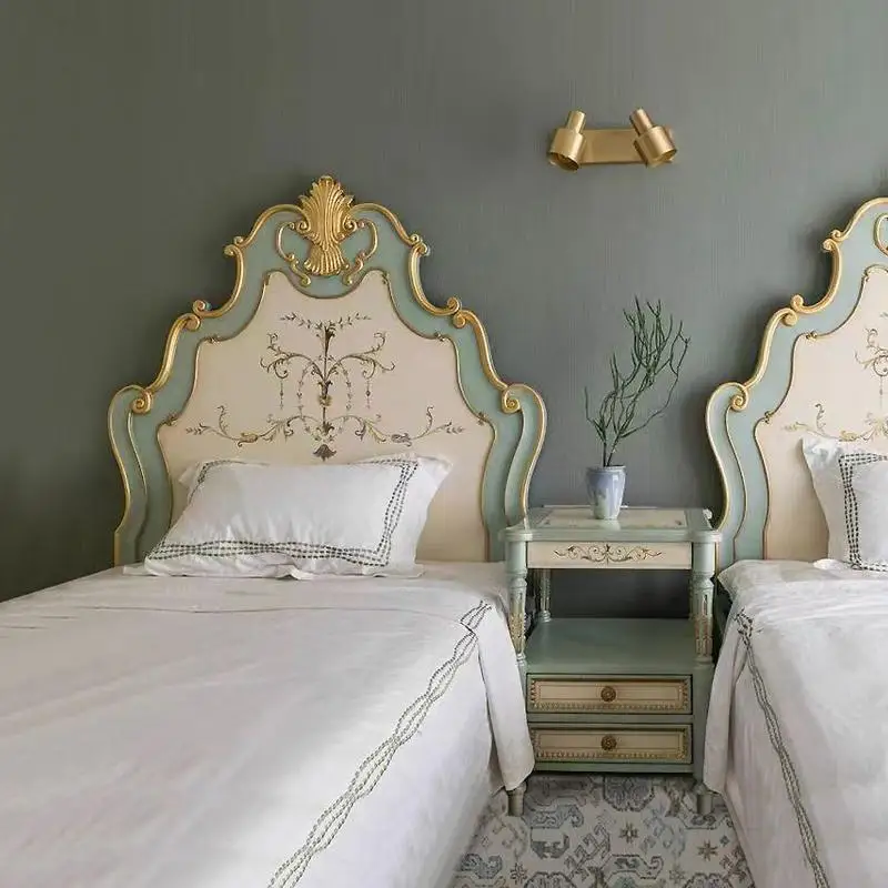 French retro solid wood carving flower bed double princess bed retro style hand-painted solid wood bed gold-painted