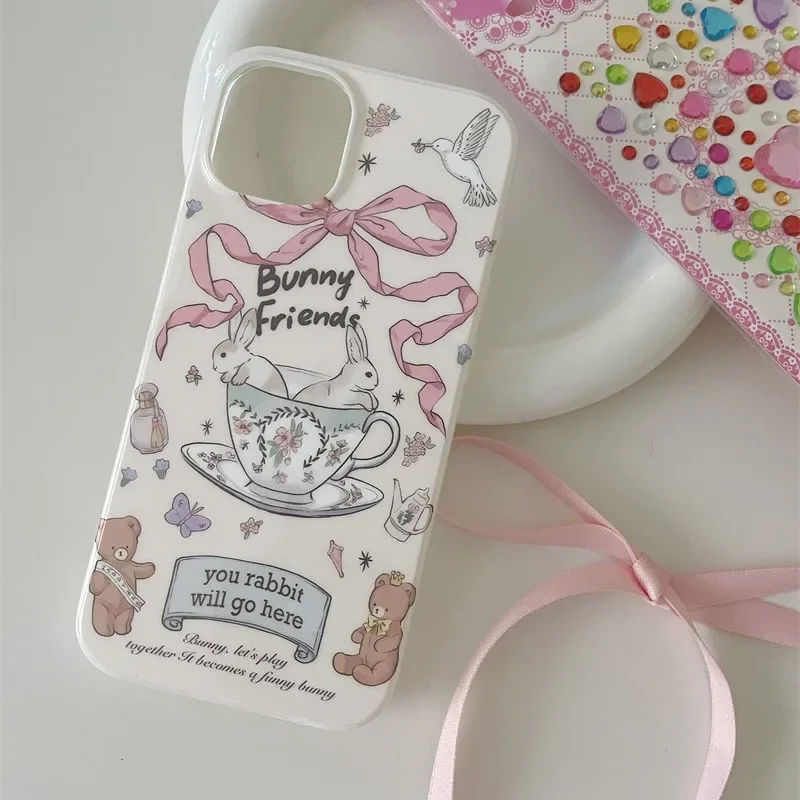 Retro Pink bow tie Porcelain teacup rabbit rhinestone art Phone Case For iPhone 16 15 14 13 12 Pro Max Case Cute cartoon Cover image 2