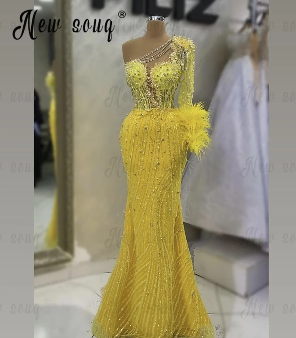 Elegante vestido De noche amarillo limón para mujer, manga única, vestido De cóctel De plumas, vestido De Fiesta árabe con cadena para Cena