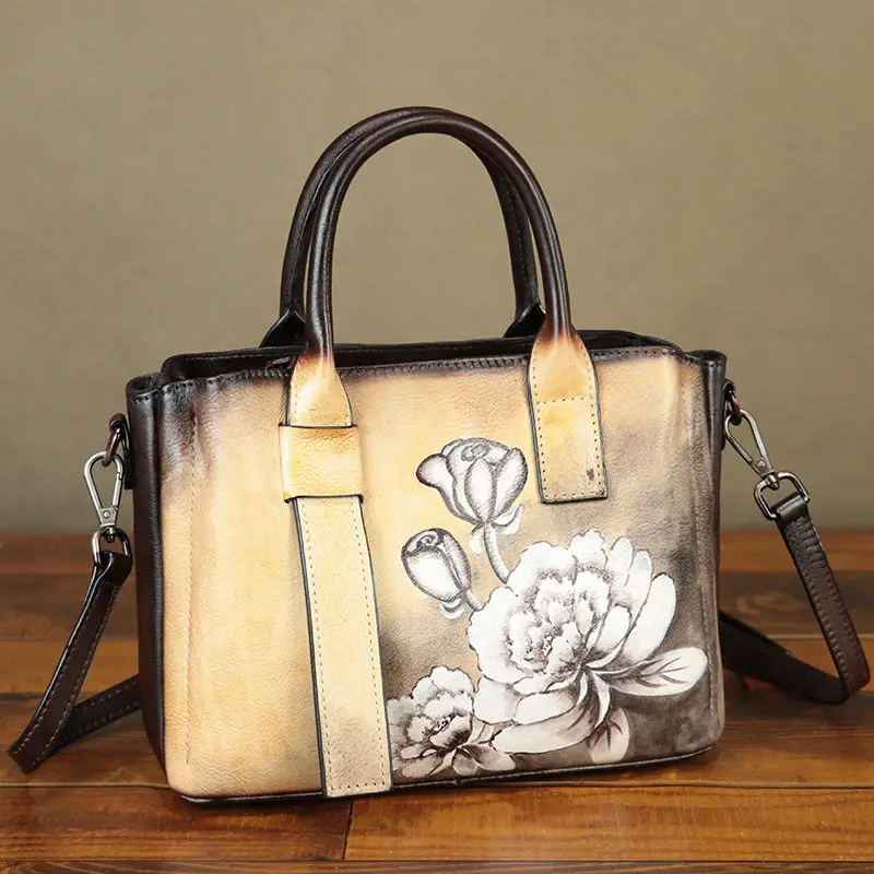 Cowhide Handmade Leather Women's Leather Bag Women's Crossbody Bag Women's Shoulder Bag Women's Handbag 2024 New Hand-painted