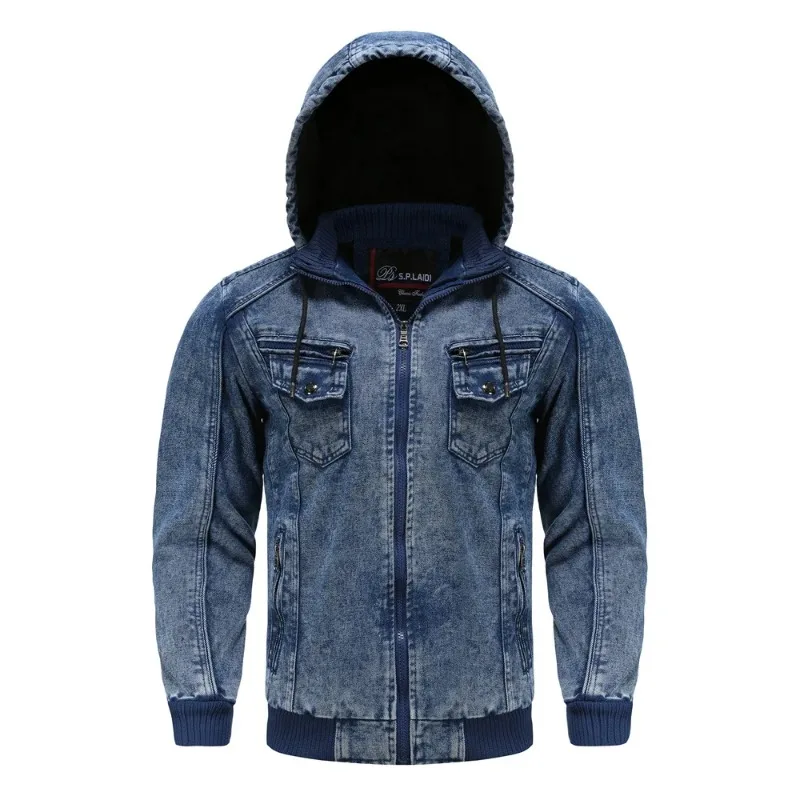Men's Winter Denim Jackets 2025 Blue Fleece Hooded Jeans Jacket Brand Casual Cotton Coat for Male