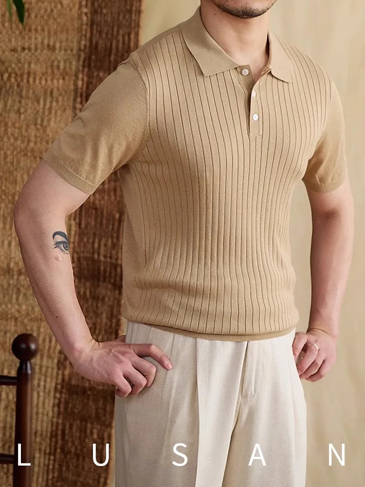 

Men's Tencel Cotton Polo Shirt | Summer Slim Fit Lapel Top | Cratted Stripes Knit | Breathable Business Casual Wear