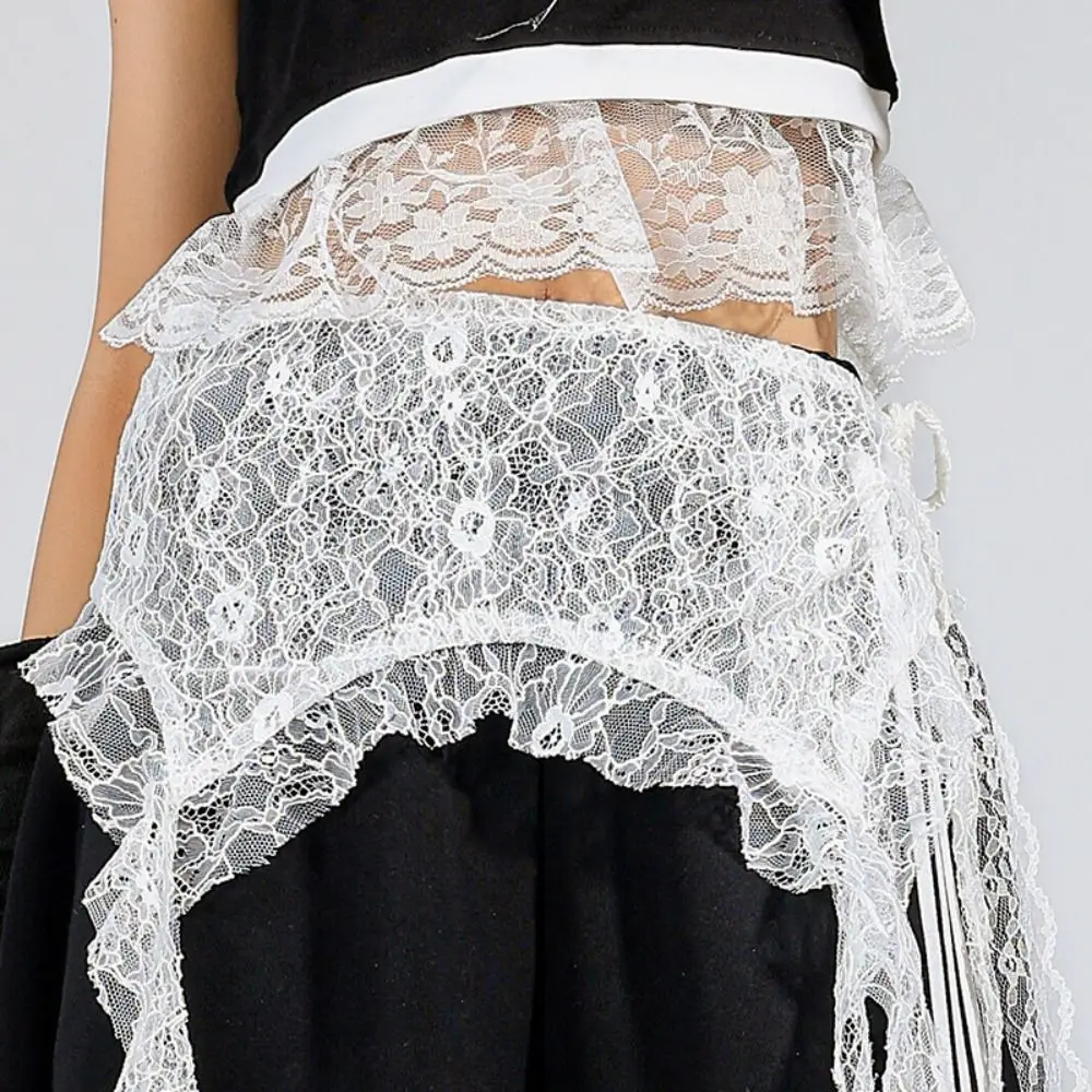

Embroidered Flower Lace Mini Skirt See Through Irregular Lace Up Ruffles Skirt Y2K Streetwear High Waist Pleated Skirts