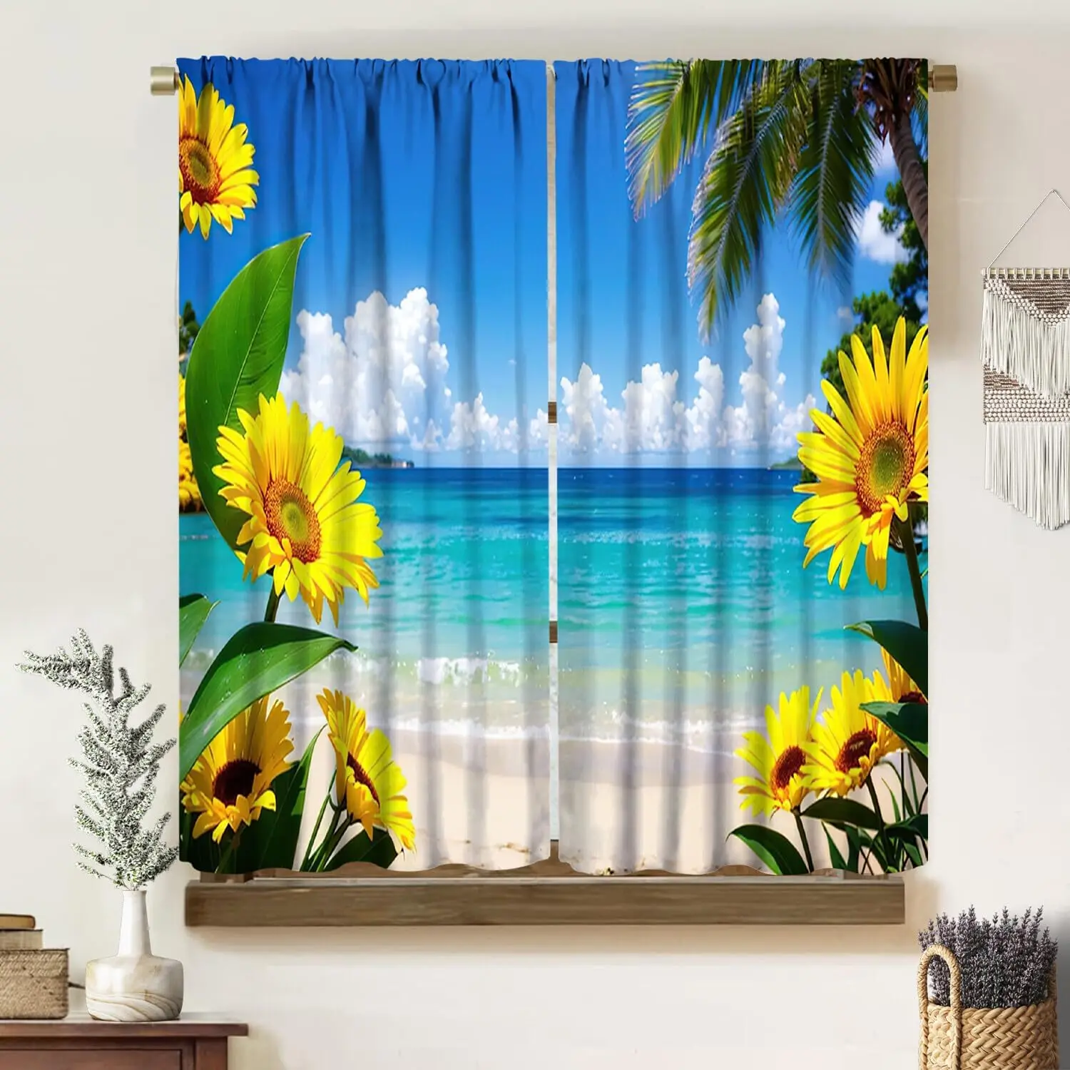 

Океанские шторы, морской пейзаж, тропические Гавайи, жаркое лето, подсолнухи, цветы, пальмы, принт, стержень, карман, обработка окон, драпировка