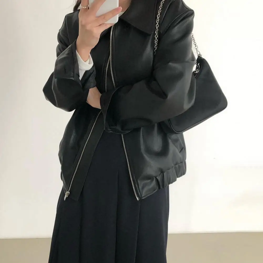 2026 Women Jacket Faux Leather Smooth Surface Turn-down Collar Zipper Closure Stretchy Hem Long Sleeves Motorcycle Coat Travel O