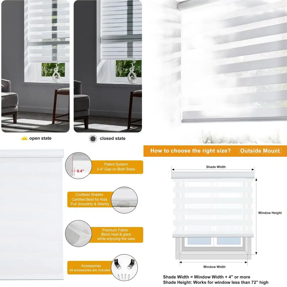 

Cordless Window Zebra Blinds, Adjustable Room Darkening Shades (40 x 72, White) for Day and Night Light Control and Privacy Prot