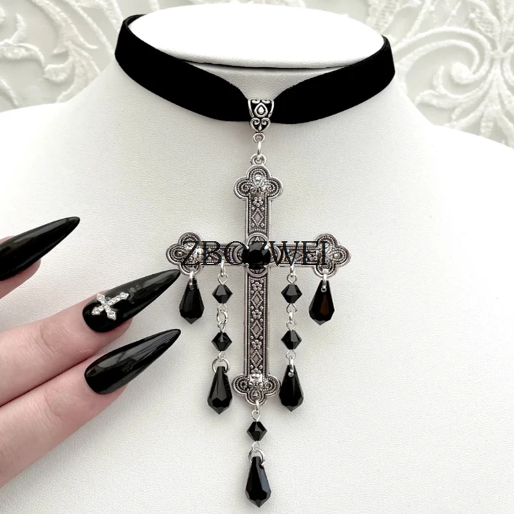 

Silver Cross Choker, Black Goth Choker, Gothic Cross, Goth Cross Velvet Choker, Black Velvet Choker with Cross, Velvet Cross