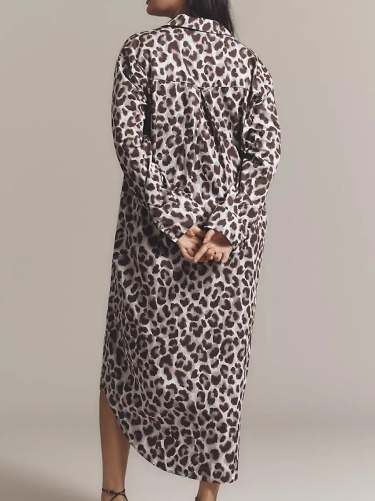 Beautyblue Leopard Print V Neck Dress Women's Fashion Shirt Dresses New Loose Buttoned Spring Elegant Party Long Sleeve Dress